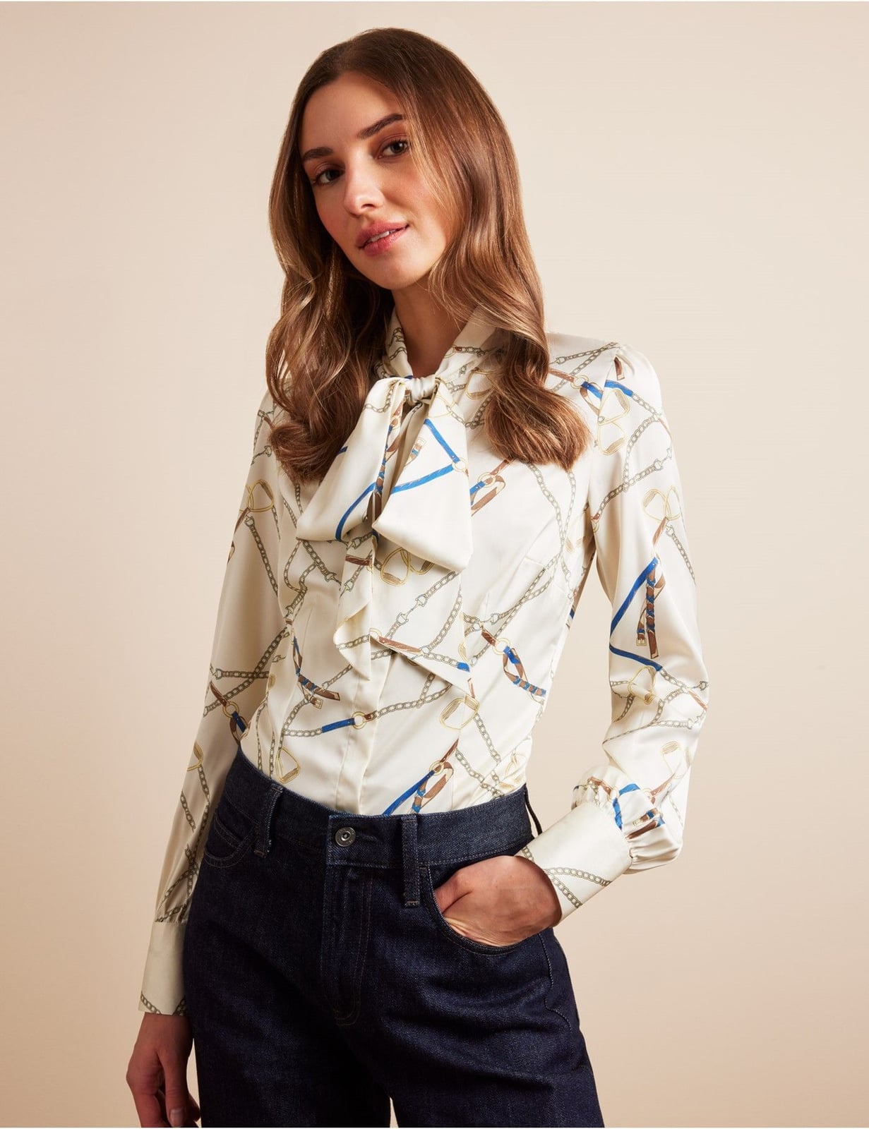 Cream Satin Bow Blouse With Chain Print, Gold Earrings Cream Satin Bow Blouse With Chain Print, Gold Earrings — Bow Blouse Outfits 2027