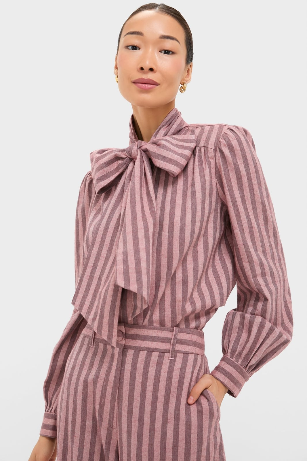 Striped Bow Blouse With Puffed Sleeves Striped Bow Blouse With Puffed Sleeves — Bow Blouse Outfits 2027