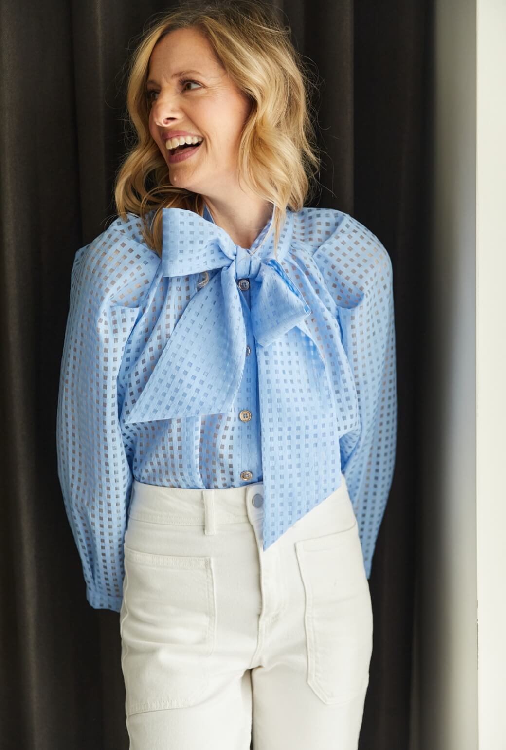 Light Blue Sheer Check Bow Blouse With White Jeans Light Blue Sheer Check Bow Blouse With White Jeans — Bow Blouse Outfits 2027