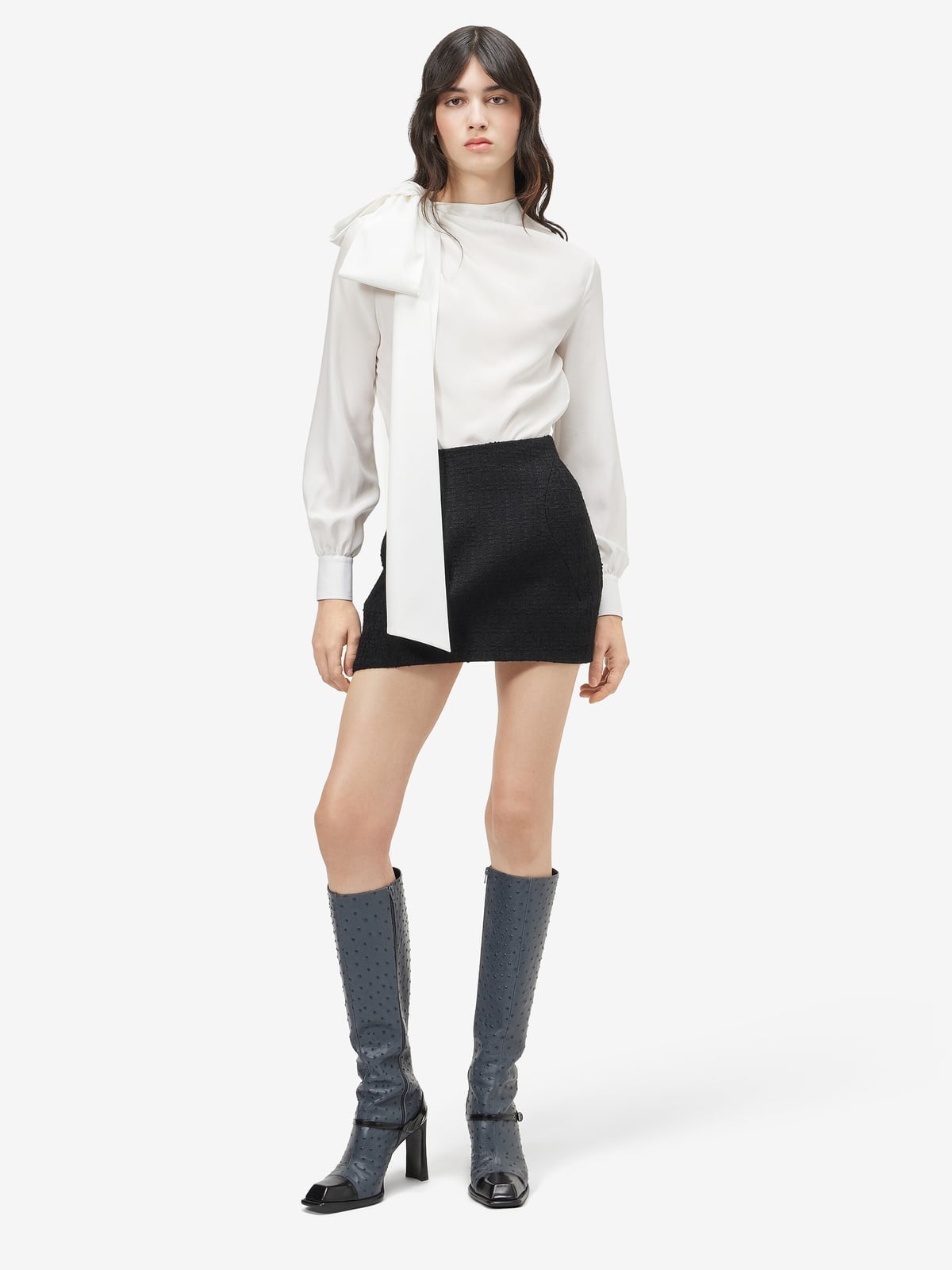 Ivory Silk Bow Blouse With Mini Skirt Ivory Silk Bow Blouse With Mini Skirt — Bow Blouse Outfits 2027