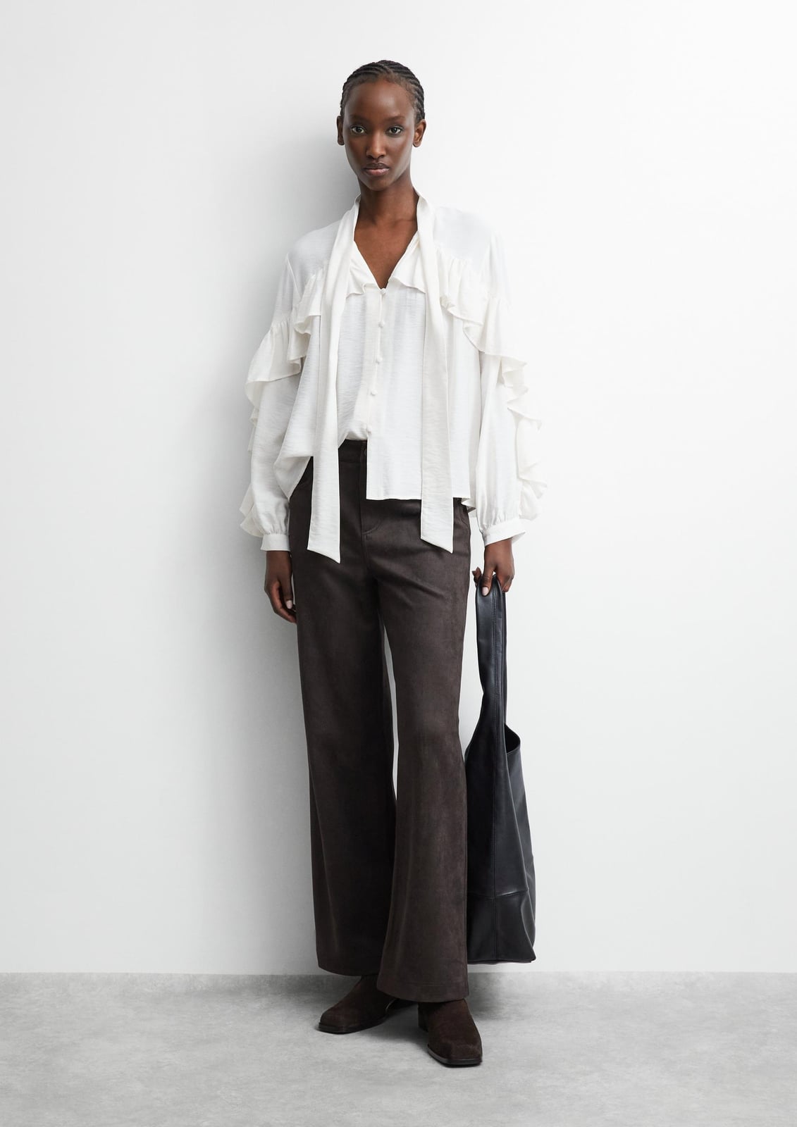 White Textured Bow Blouse With Wide Leg Trousers White Textured Bow Blouse With Wide Leg Trousers — Bow Blouse Outfits 2027