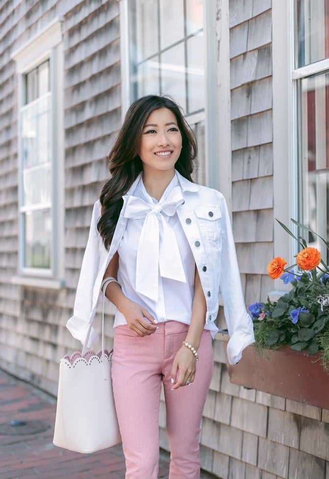 White Bow Blouse Under Denim Jacket With Pink Trousers White Bow Blouse Under Denim Jacket With Pink Trousers — Bow Blouse Outfits 2027