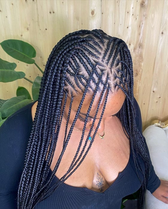 Geometric Cornrow Pattern With Hanging Box Braids Geometric Cornrow Pattern With Hanging Box Braids — Braided Hairstyles 2027 with Weave