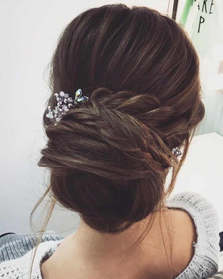 Thick Wavy Low Bun With Braided Wrap — Braided Low Bun 2027