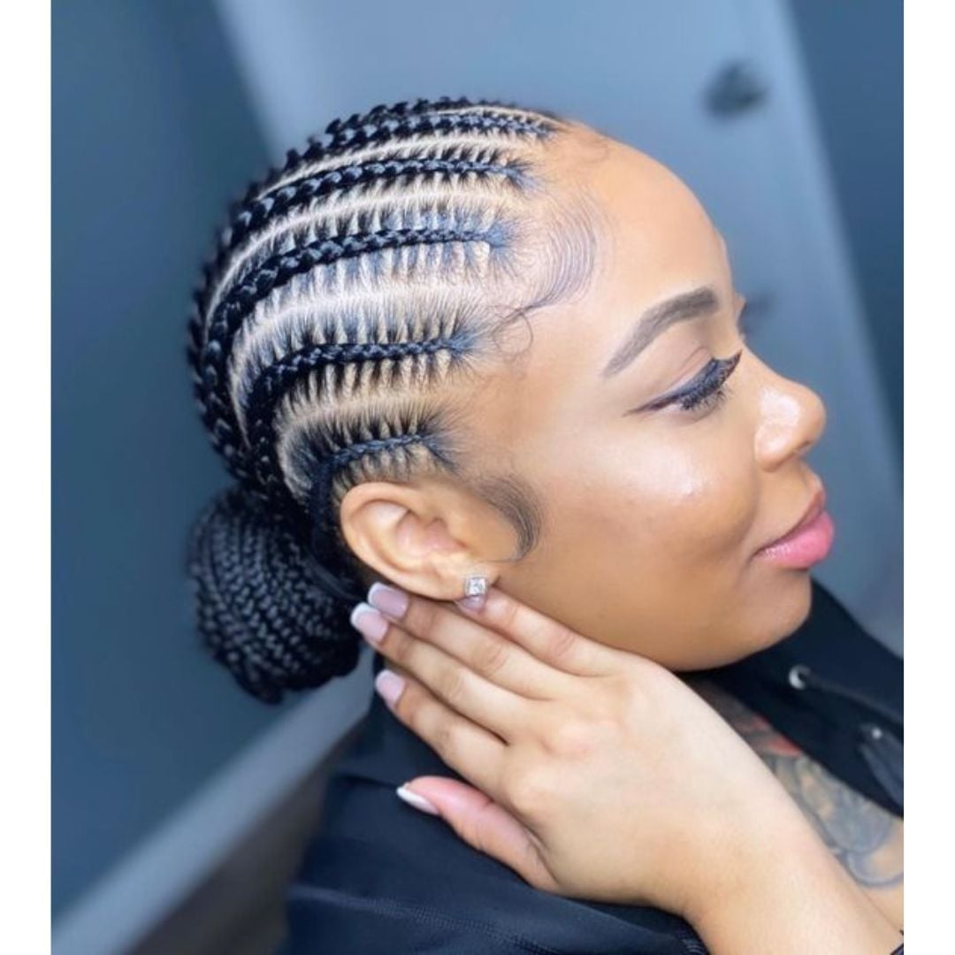 Shoulder-Length Coily Black Updo With Stitch Braids — Braided Low Bun 2027