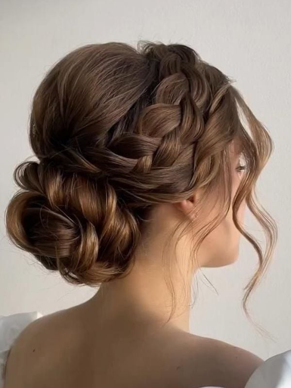 Voluminous Braided Low Bun With Wispy Bangs — Braided Low Bun 2027