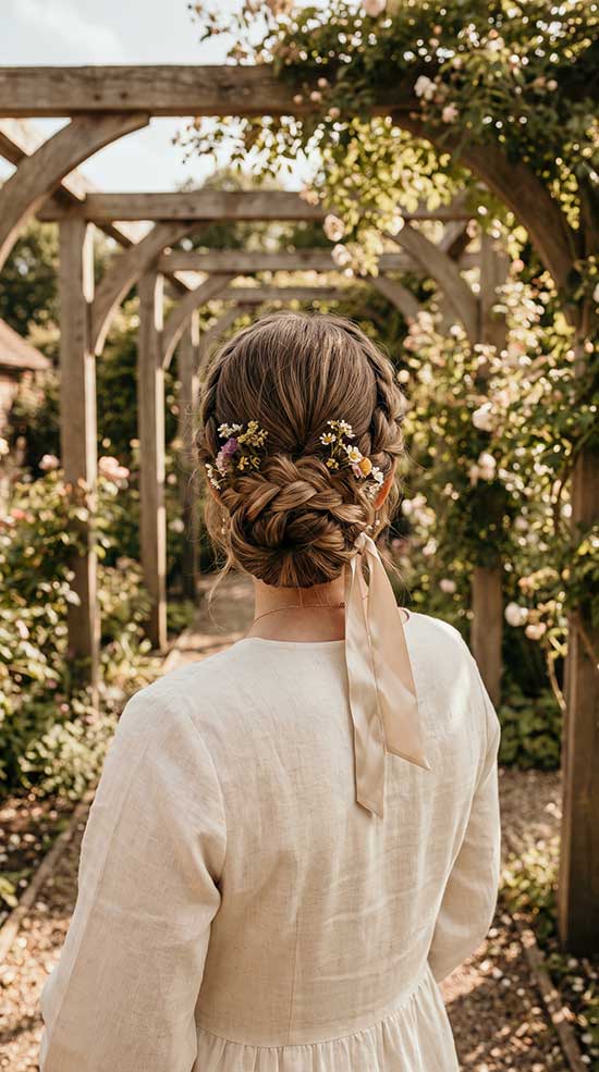Bohemian Braided Low Bun With Wildflowers — Braided Low Bun 2027