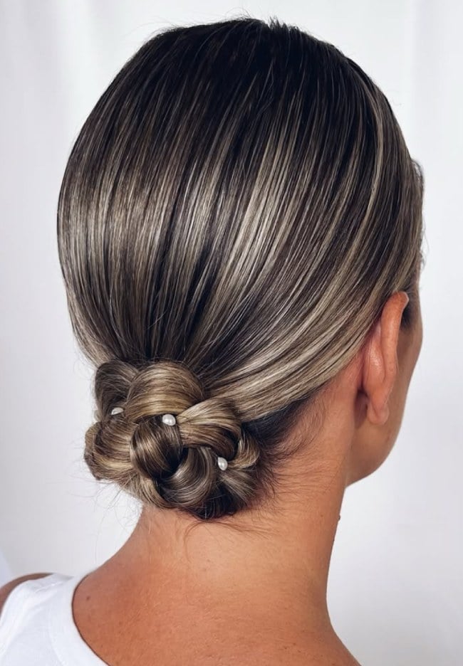Sleek Chin-Length Bob Braided Bun With Pearls — Braided Low Bun 2027