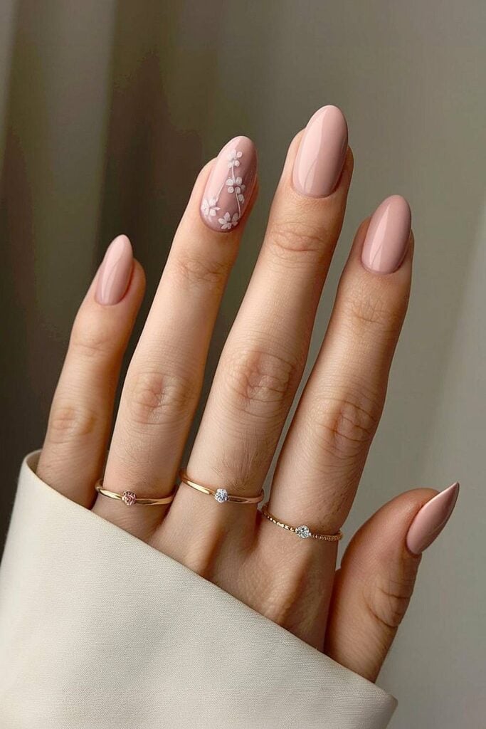 Pale Pink Medium Oval Nails With Floral Art Pale Pink Medium Oval Nails With Floral Art — Bridal Shower Nails 2027