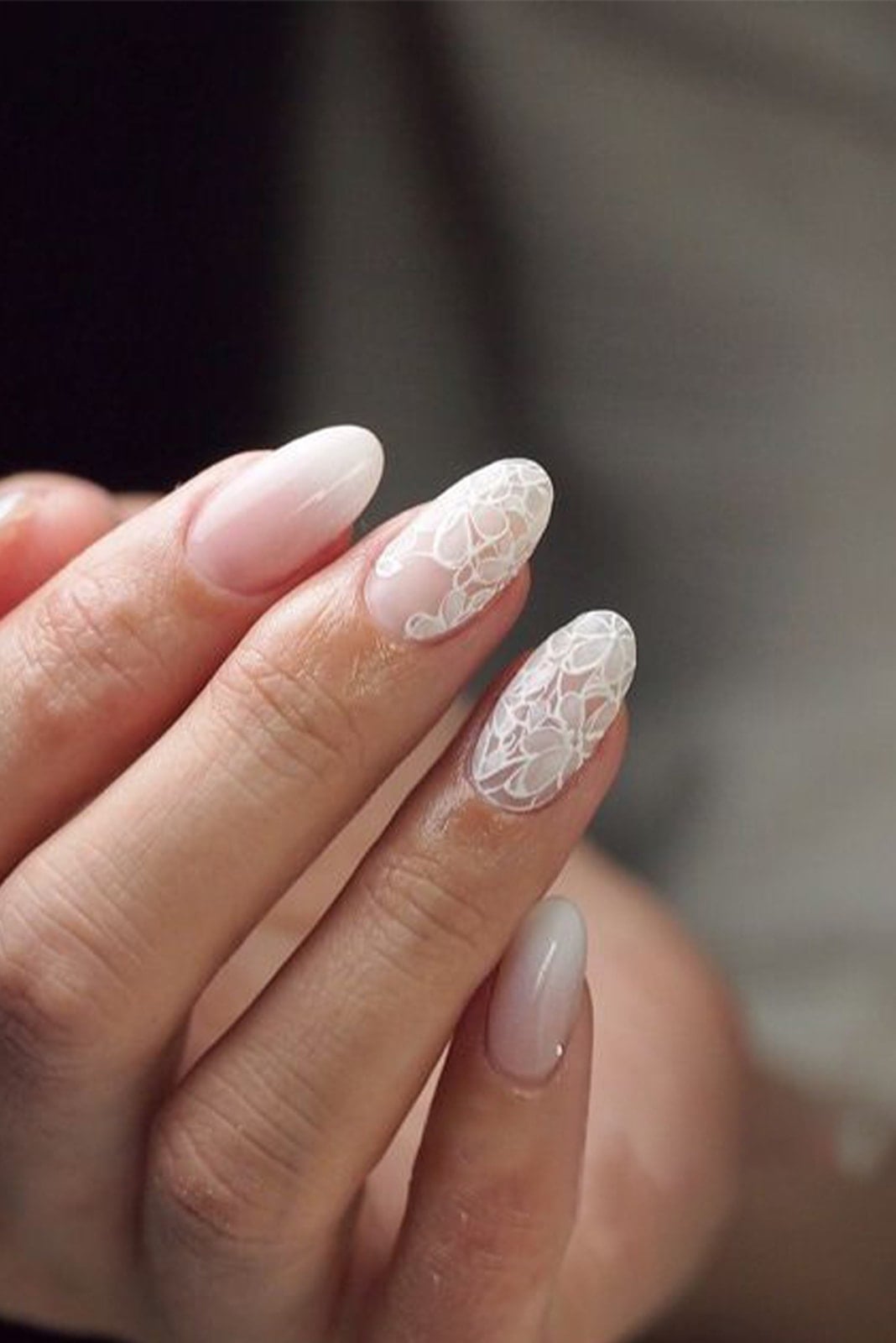 Sheer Nude Medium Oval Nails With White Lace Overlay Sheer Nude Medium Oval Nails With White Lace Overlay — Bridal Shower Nails 2027