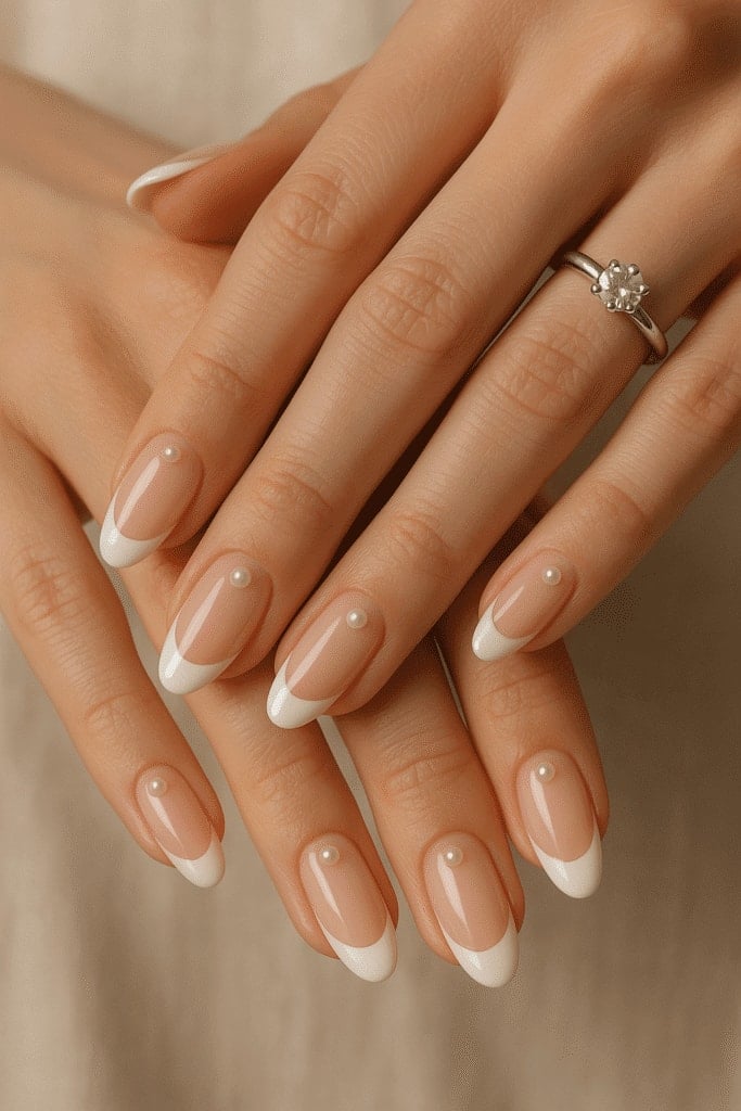 Medium Oval French Tips With Single Pearl Accent Medium Oval French Tips With Single Pearl Accent — Bridal Shower Nails 2027