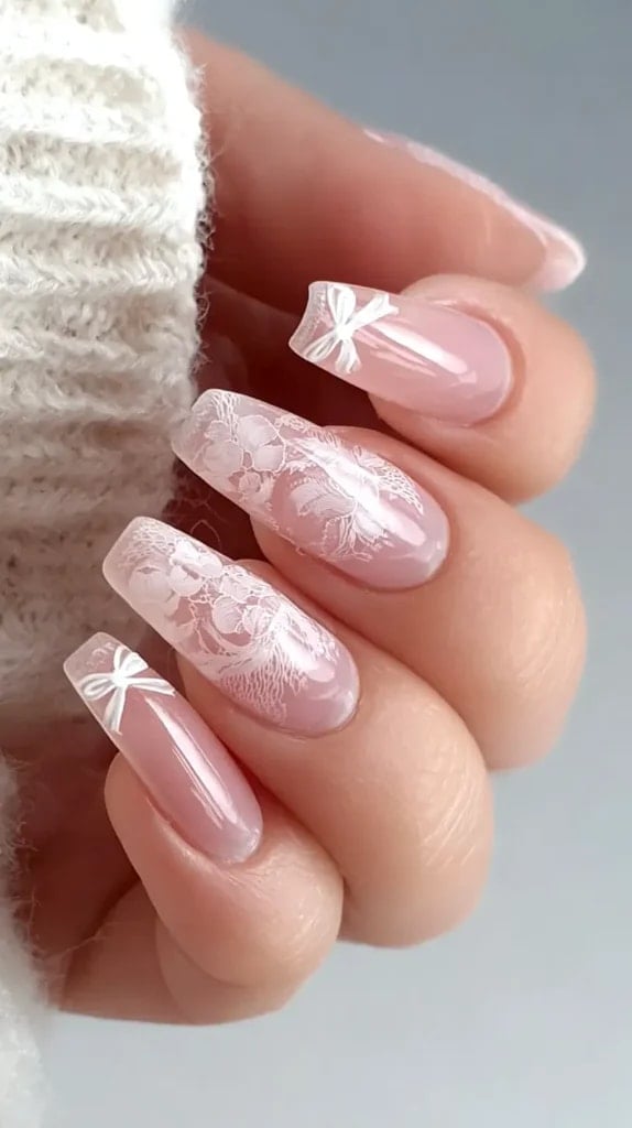 Medium Square Nails With White Lace and Bows Medium Square Nails With White Lace and Bows — Bridal Shower Nails 2027