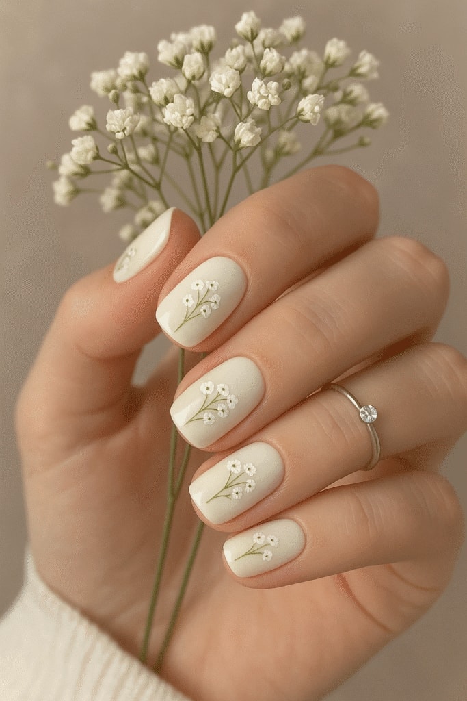 Off-White Square Nails With Floral Sprigs Off-White Square Nails With Floral Sprigs — Bridal Shower Nails 2027
