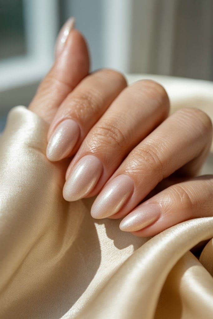 Pale Nude Medium Almond Nails With Pearlescent Shimmer, Close-Up Take Pale Nude Medium Almond Nails With Pearlescent Shimmer, Close-Up Take — Bridal Shower Nails 2027