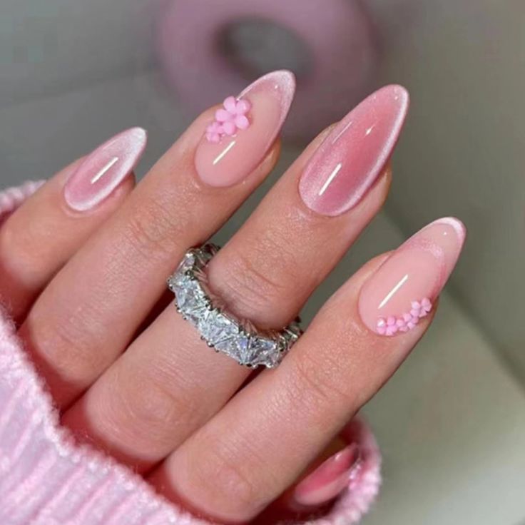 Sheer Pink Medium Almond Nails With Cat-Eye Finish and Flowers Sheer Pink Medium Almond Nails With Cat-Eye Finish and Flowers — Bridal Shower Nails 2027