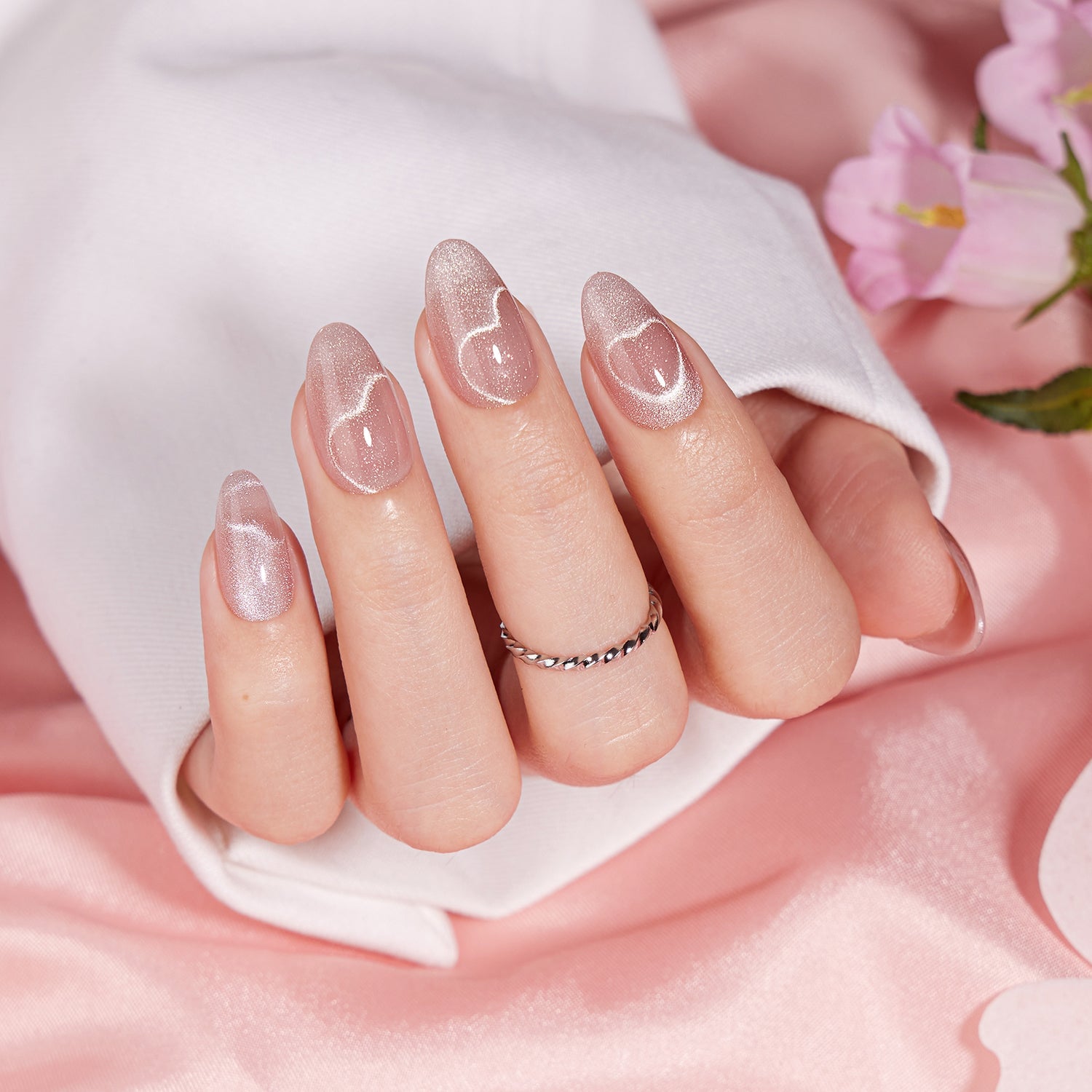 Long Almond Nails With Rose Gold Cat-Eye Hearts Long Almond Nails With Rose Gold Cat-Eye Hearts — Bridal Shower Nails 2027