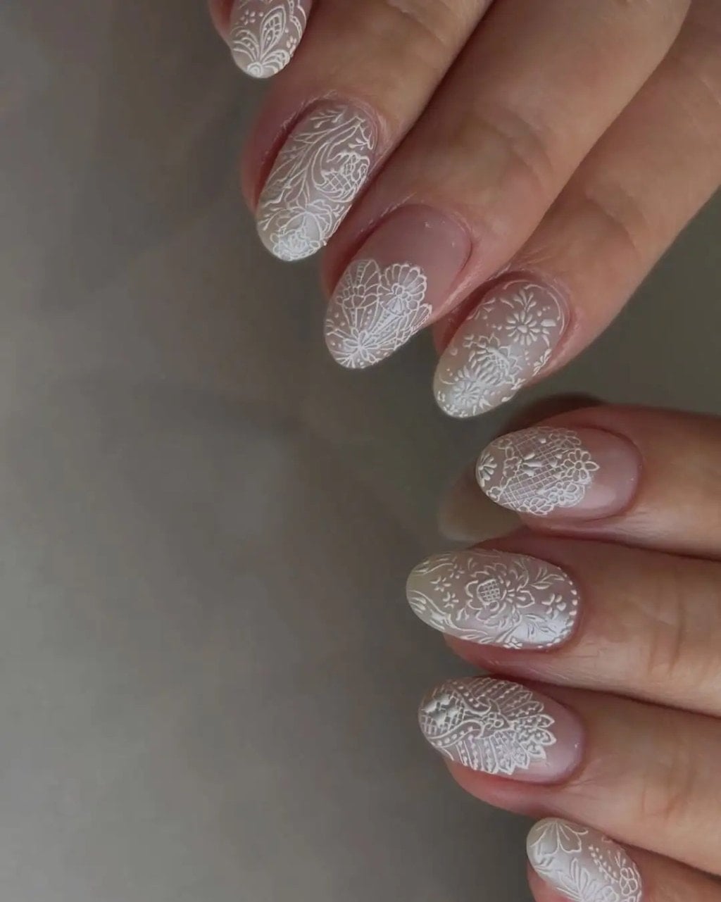 Medium Oval Nails With Matte White Lace Pattern Medium Oval Nails With Matte White Lace Pattern — Bridal Shower Nails 2027