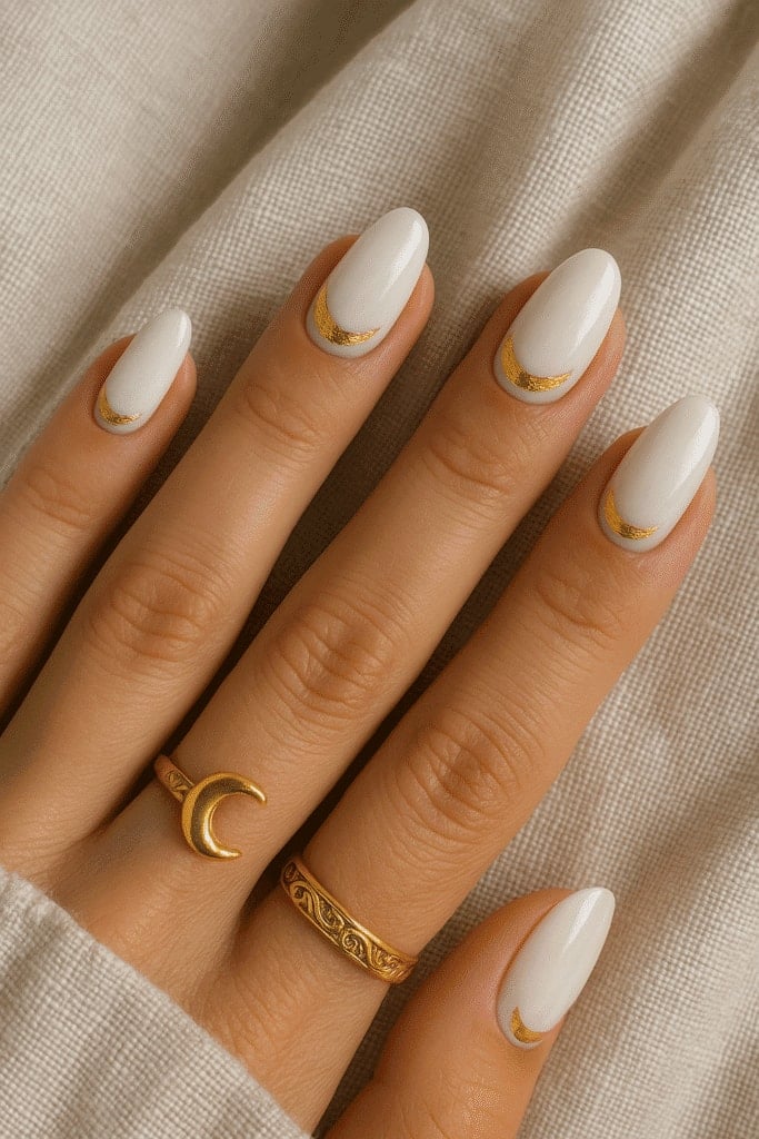 Opaque White Medium Oval Nails With Gold Crescent Opaque White Medium Oval Nails With Gold Crescent — Bridal Shower Nails 2027