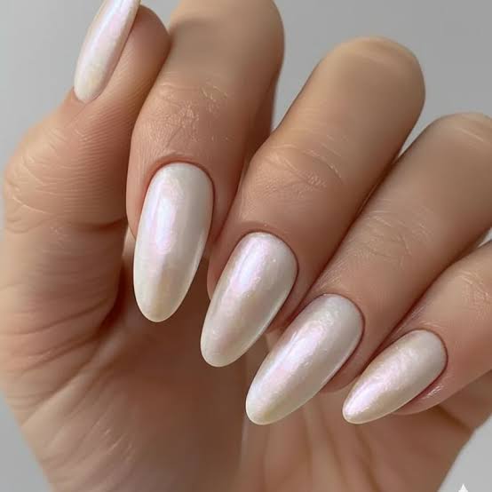 Creamy Medium Almond Nails With Pearlescent Sheen Creamy Medium Almond Nails With Pearlescent Sheen — Bridal Shower Nails 2027