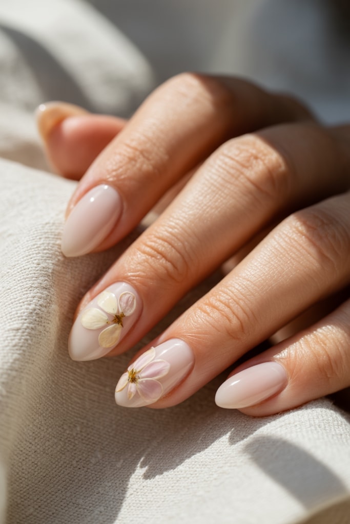 Sheer Nude Oval Nails With Pressed Flowers Sheer Nude Oval Nails With Pressed Flowers — Bridal Shower Nails 2027