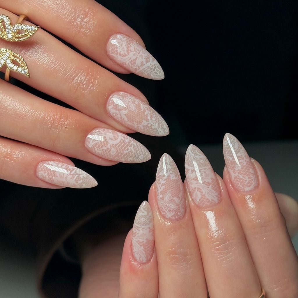 Long Stiletto Nails With Sheer White Lace Pattern Long Stiletto Nails With Sheer White Lace Pattern — Bridal Shower Nails 2027
