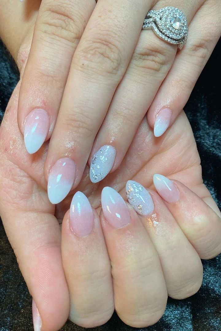 Medium Oval Nails With Pink to White Ombre and Silver Foil Medium Oval Nails With Pink to White Ombre and Silver Foil — Bridal Shower Nails 2027