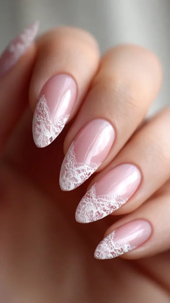Pale Pink Almond Nails With White Lace French Tips Pale Pink Almond Nails With White Lace French Tips — Bridal Shower Nails 2027