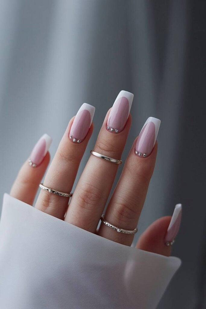 Long Coffin French Manicure With Rhinestones Long Coffin French Manicure With Rhinestones — Bridal Shower Nails 2027