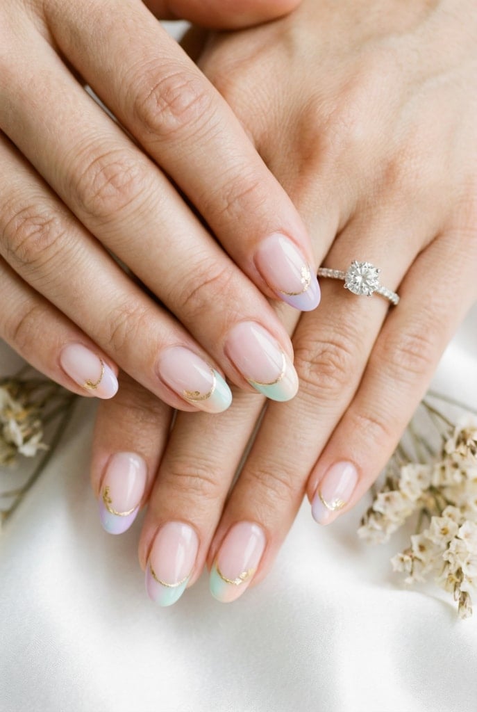 Short Oval Nails With Pastel French Tips and Gold Foil Short Oval Nails With Pastel French Tips and Gold Foil — Bridal Shower Nails 2027