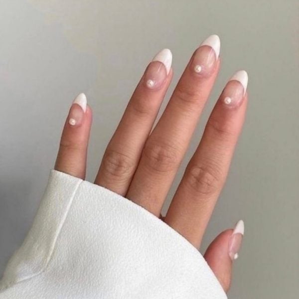 Medium Almond French Tips With Pearls Medium Almond French Tips With Pearls — Bridal Shower Nails 2027