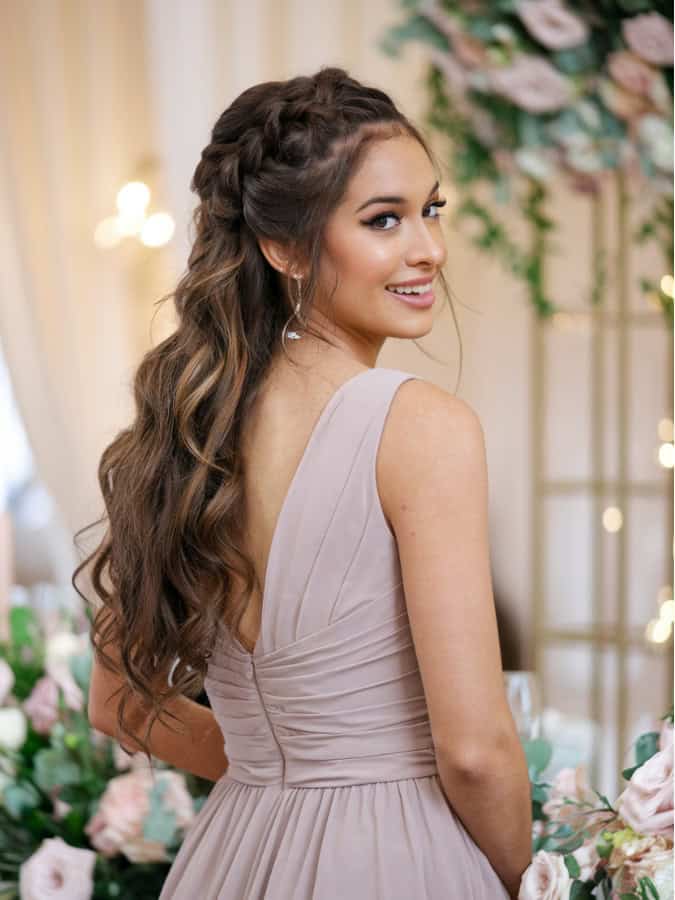 Long Dark Blonde Braided Crown Waves — Bridesmaid Hair Down 2027