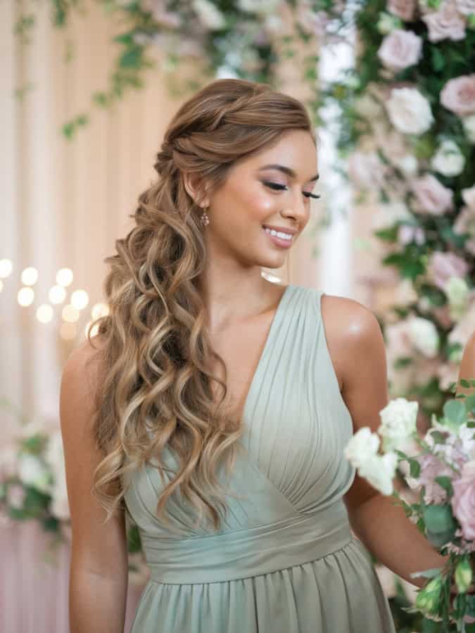 Honey Blonde Curls With Side Braid — Bridesmaid Hair Down 2027