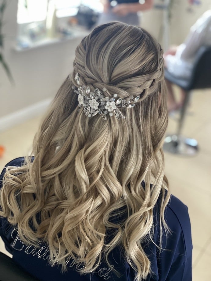 Ash Blonde Braided Crown With Floral Accessory — Bridesmaid Hair Down 2027