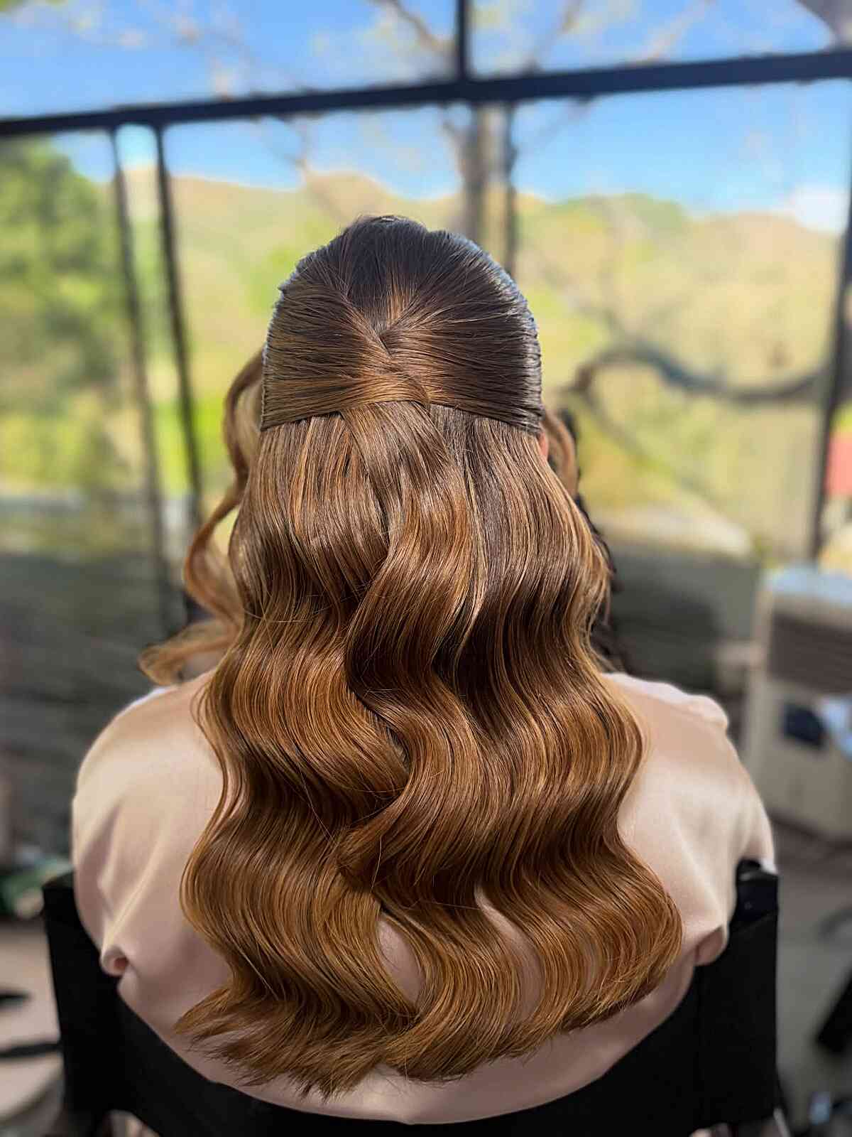 Warm Brown Deep Waves Half Up Half Down — Bridesmaid Hair Down 2027