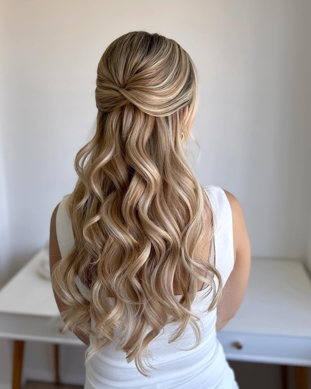 Medium Density Blonde Balayage Half Up Twisted Knot — Bridesmaid Hair Down 2027