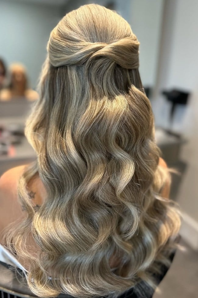 Ash Blonde Twisted Loop Half Up, Mid-Back — Bridesmaid Hair Down 2027