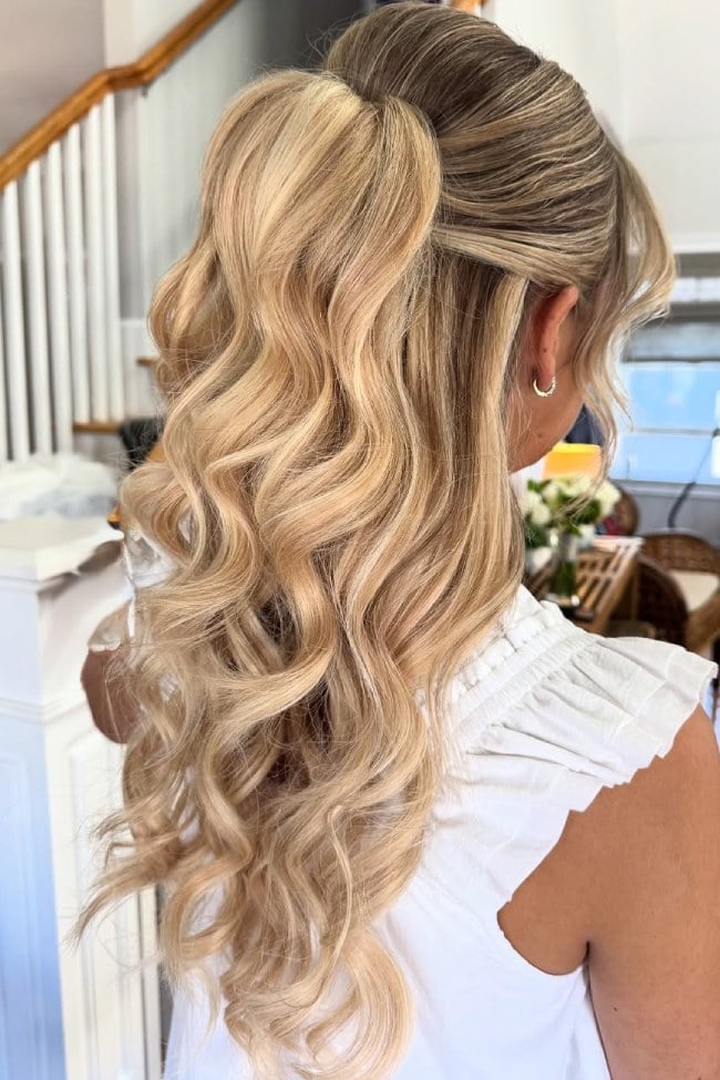 Platinum Blonde High Ponytail Curls — Bridesmaid Hair Down 2027