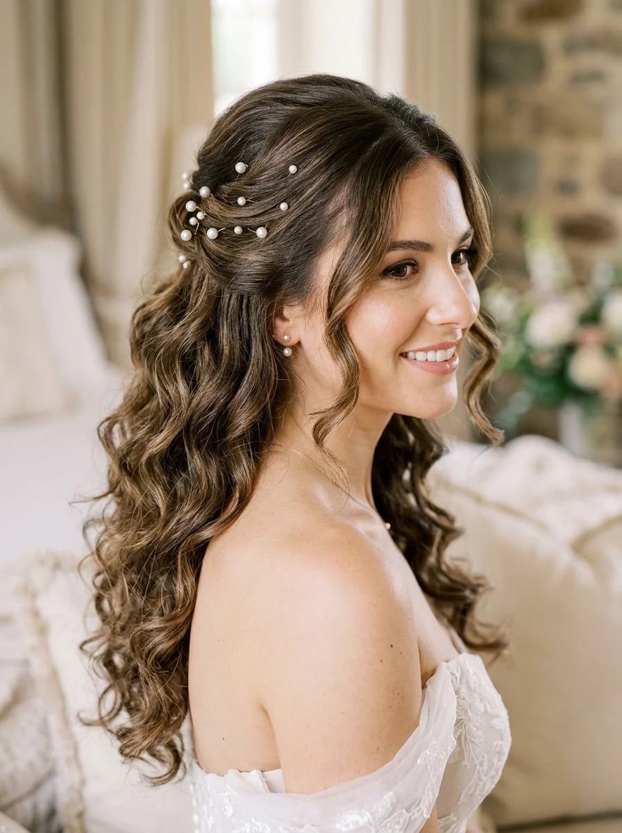 Dark Brown Curls With Pearl Accents — Bridesmaid Hair Down 2027