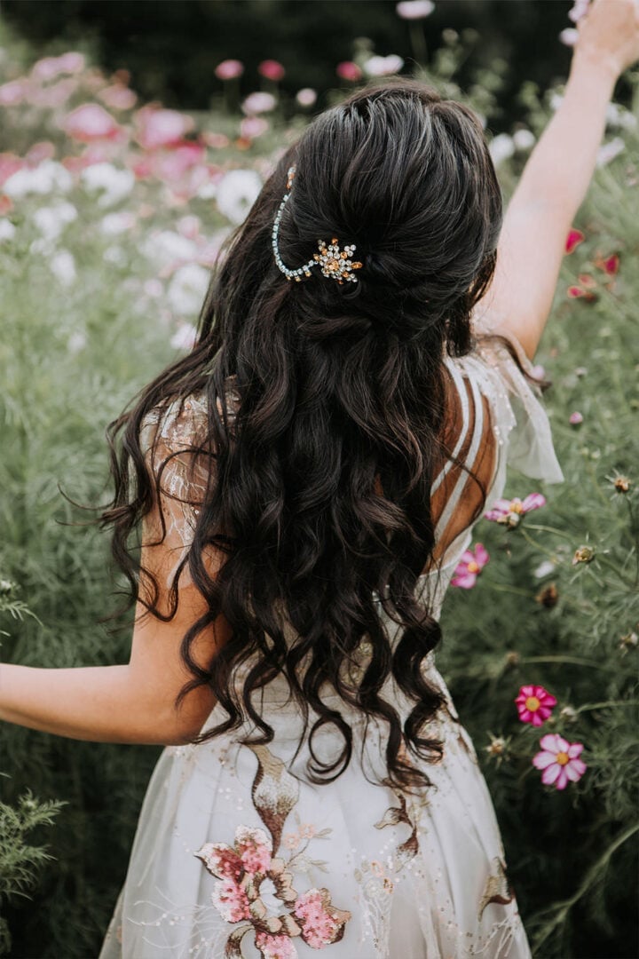 Dark Brown Voluminous Curls Half Up — Bridesmaid Hair Down 2027