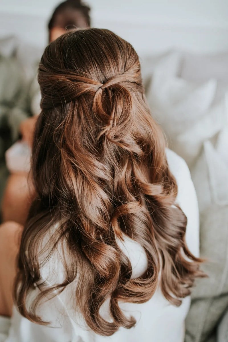 Medium Brown Braided Crown Loose Waves — Bridesmaid Hair Down 2027