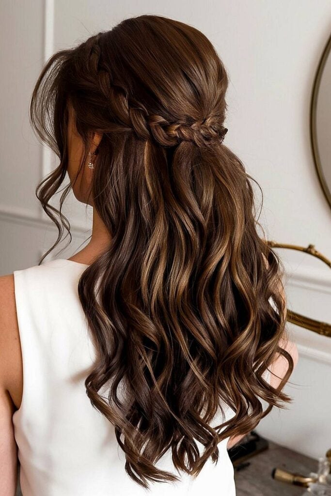 Dark Brown Braided Crown Half Up — Bridesmaid Hair Down 2027