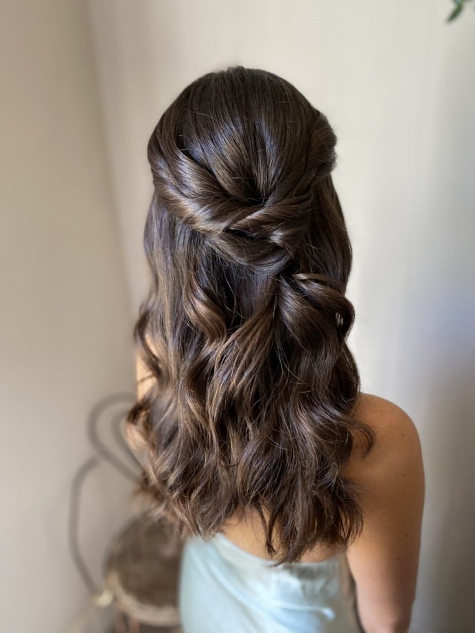 Dark Brown Twisted Knot With Curls — Bridesmaid Hair Down 2027