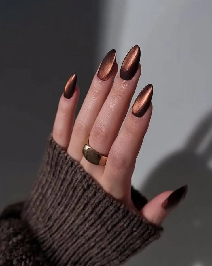 Metallic Bronze Dark Brown Undertone Almond Nails Metallic Bronze Dark Brown Undertone Almond Nails — Bronze Nails 2027