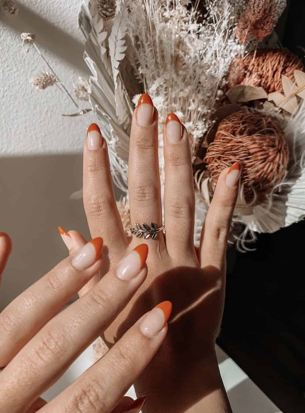 Medium Almond Burnt Orange French Tip Nails Medium Almond Burnt Orange French Tip Nails — Burnt Orange Nails 2027