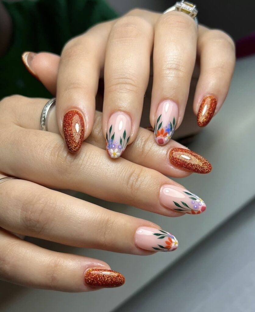 Medium Almond Burnt Orange Glitter Floral Nails Medium Almond Burnt Orange Glitter Floral Nails — Burnt Orange Nails 2027