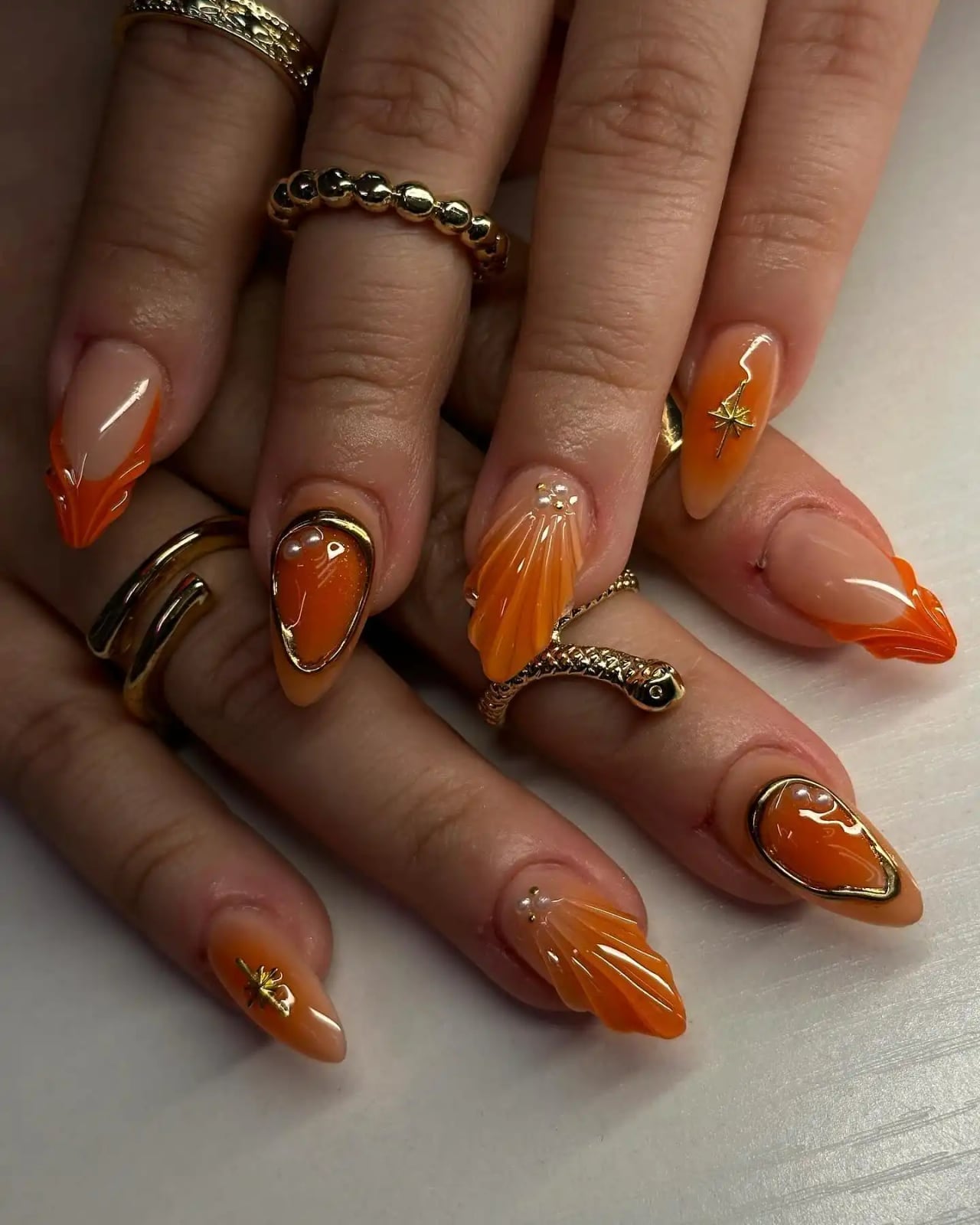 Long Oval Orange White Gold Bow Nails Long Oval Orange White Gold Bow Nails — Burnt Orange Nails 2027