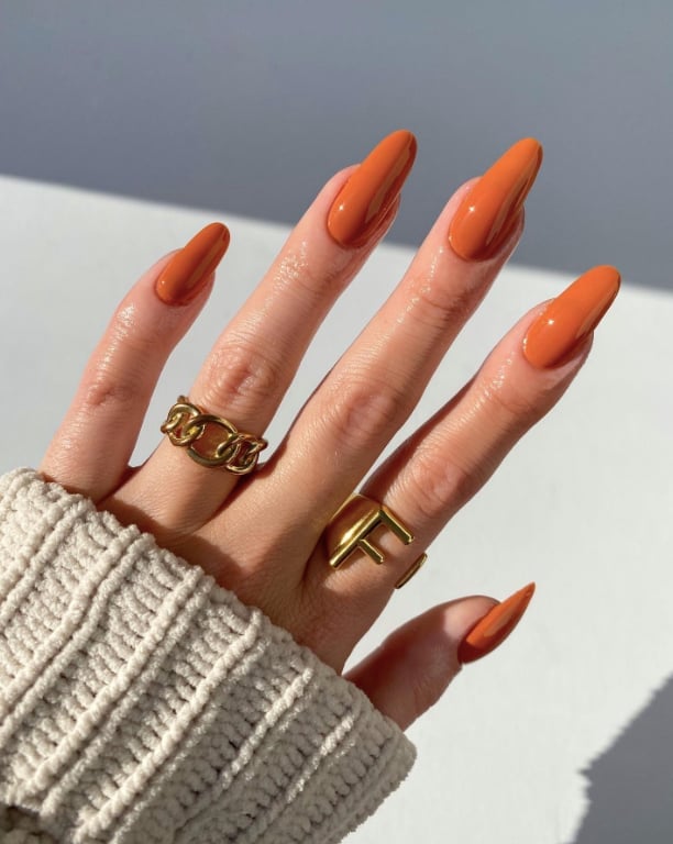 Medium-Long Almond Glossy Burnt Orange Nails Medium-Long Almond Glossy Burnt Orange Nails — Burnt Orange Nails 2027