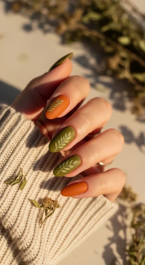 Medium Oval Matte Burnt Orange Leaf Nails Medium Oval Matte Burnt Orange Leaf Nails — Burnt Orange Nails 2027