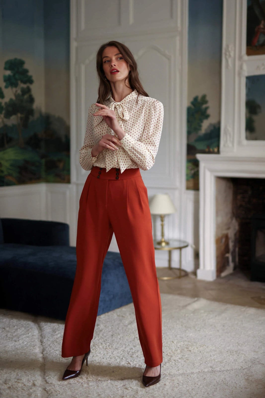Polka Dot Blouse and Rust Wide-Leg Trousers — Business Dinner Outfits 2027