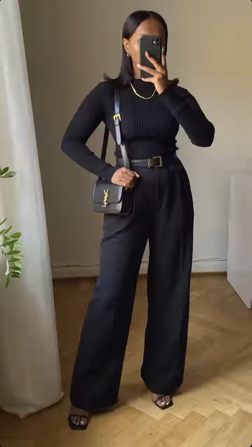 Monochromatic Black Turtleneck and Wide-Leg Trousers — Business Dinner Outfits 2027